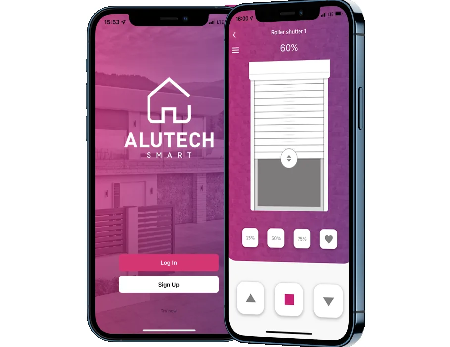 Два екрани застосунку ALUTECH K SMART: вхід і керування полотном на 60 відсотків